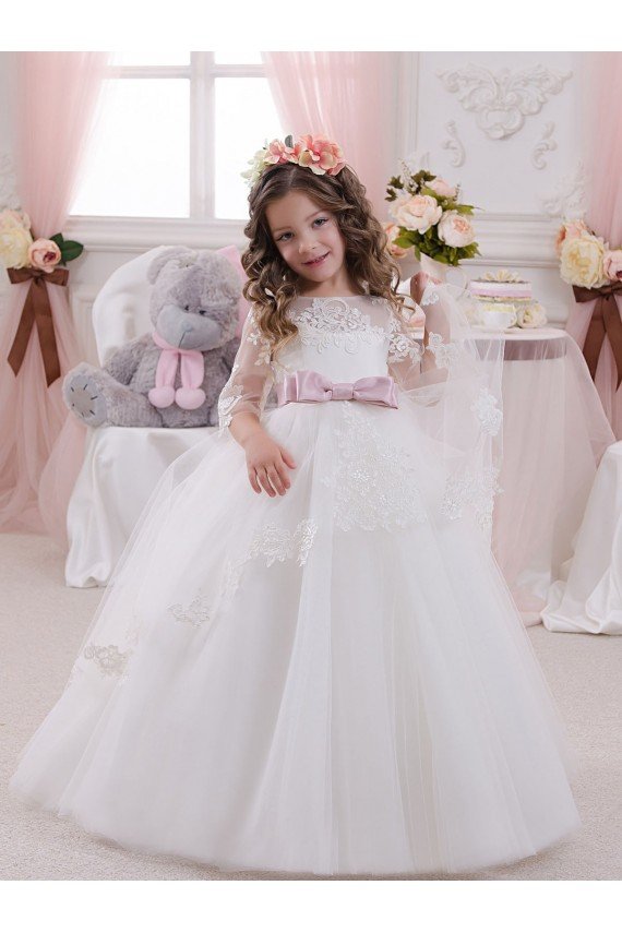 Ivory Ball Gown Bateau Neck Long Chapel Train Sleeveless Flower Girl Dress Bristol