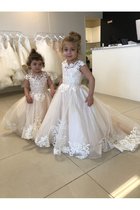 Ivory Ball Gown Chapel Train Sleeveless V-Back Flower Girl Dress Bristol