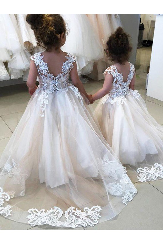 Ivory Ball Gown Chapel Train Sleeveless V-Back Flower Girl Dress Bristol