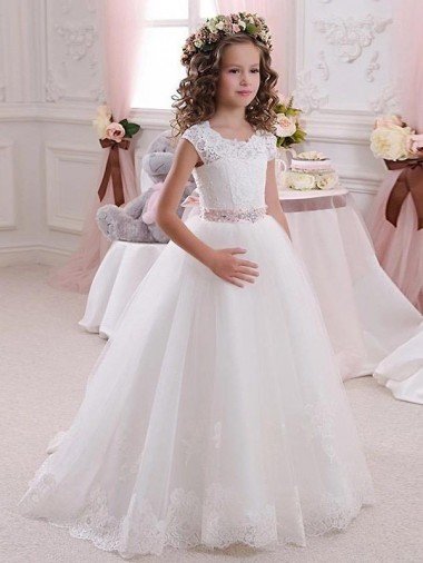 Ivory Ball Gown High Neck Floor Length Keyhole Back Flower Girl Dress Bristol