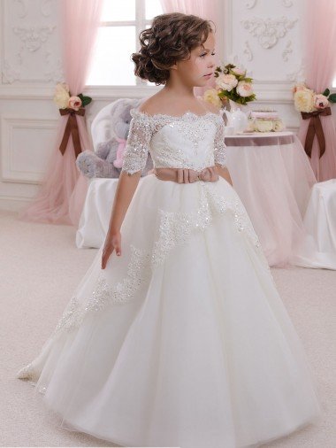 Ivory Ball Gown High Neck Floor Length Short Sleeve Flower Girl Dress Bristol