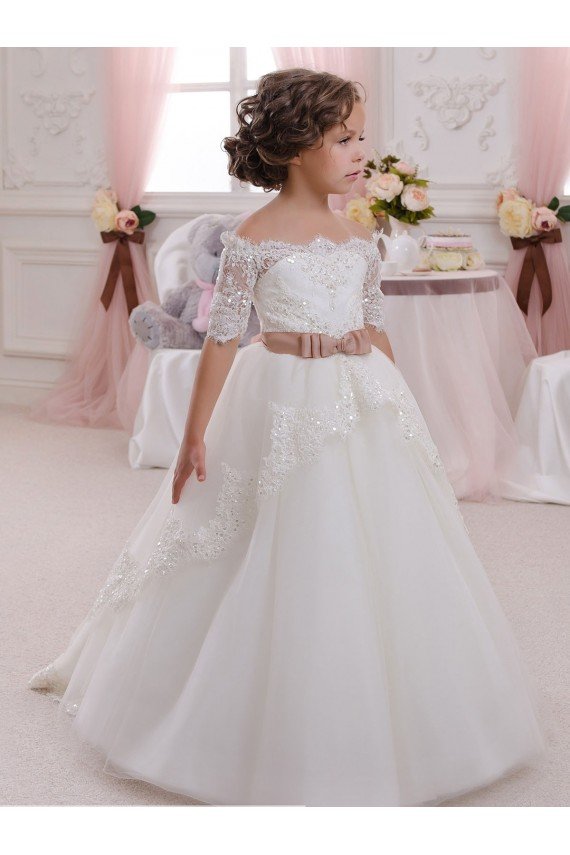 Ivory Ball Gown High Neck Floor Length Short Sleeve Flower Girl Dress Bristol
