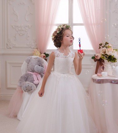 Ivory Ball Gown High Neck Floor Length Sleeveless Flower Girl Dress Bristol