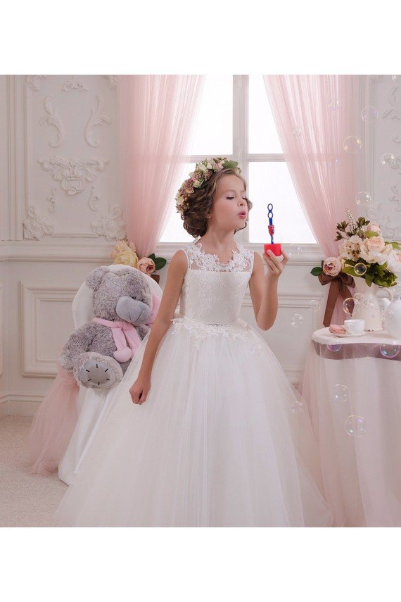 Ivory Ball Gown High Neck Floor Length Sleeveless Flower Girl Dress Bristol