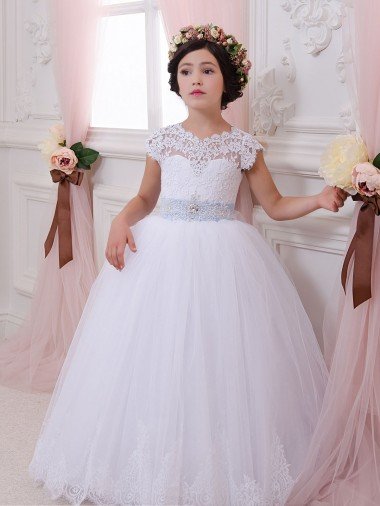 Ivory Ball Gown Sweetheart Chapel Train Cap Sleeve Flower Girl Dress Bristol