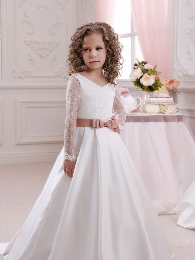 Ivory Ball Gown V-Neck Chapel Train Long Sleeve Flower Girl Dress Bristol