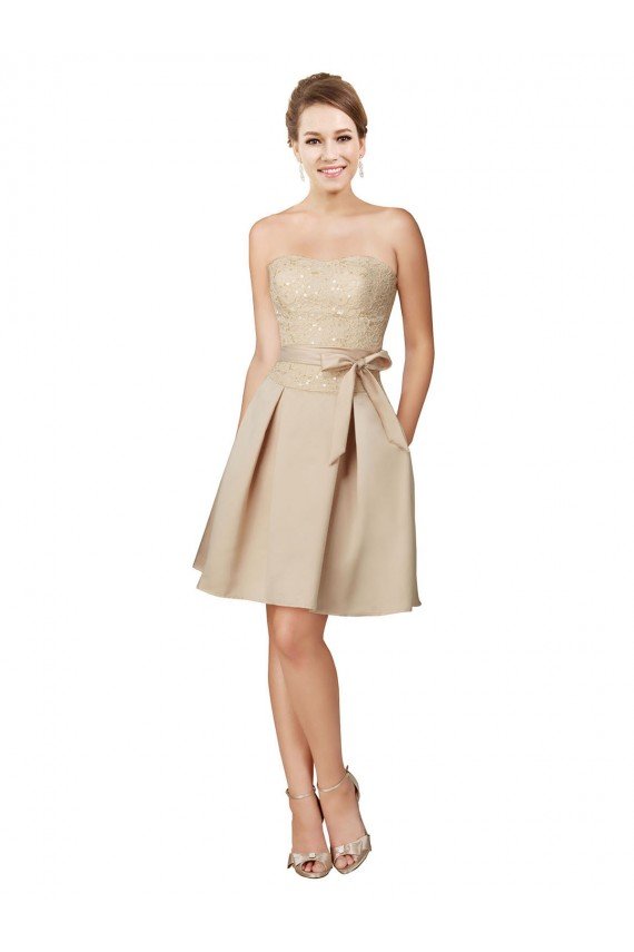 Short Classic Beaded Lace and Satin Bridesmaid Dress with Matching Satin Tie Sash Bristol