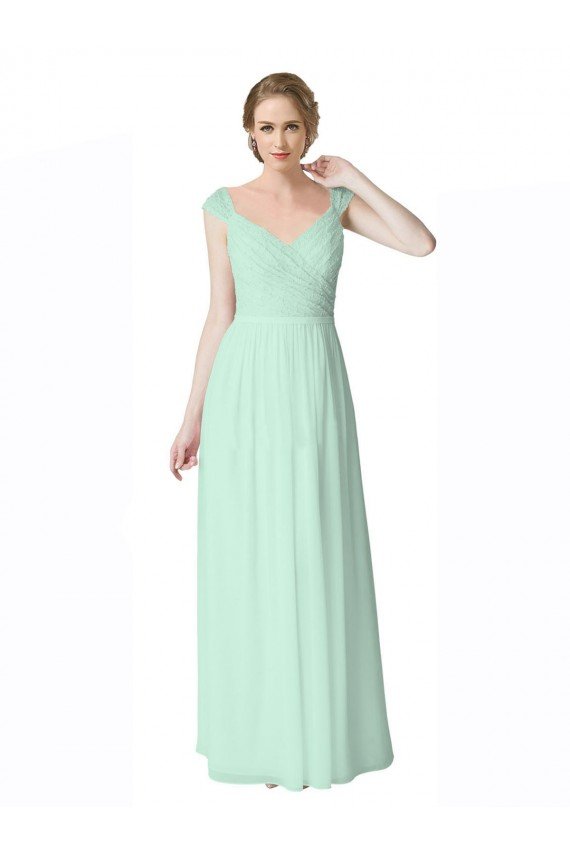 Long Chiffon Bridesmaid Dress with Corded Lace V-Neck Bodice Bristol