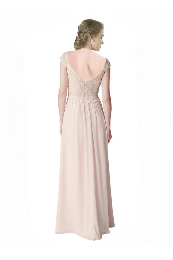 Long Chiffon Bridesmaid Dress with Corded Lace V-Neck Bodice Bristol