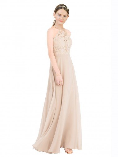 High Halter Neck Illusion Lace Bridesmaid Dress / Prom Dress with Chiffon Skirt and Keyhole Back Bristol
