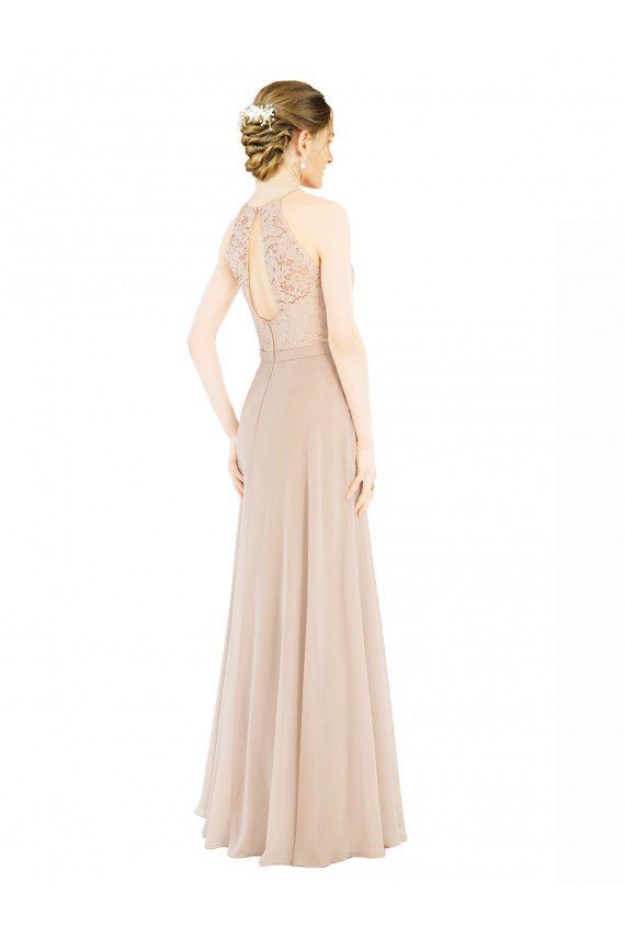 High Halter Neck Illusion Lace Bridesmaid Dress / Prom Dress with Chiffon Skirt and Keyhole Back Bristol