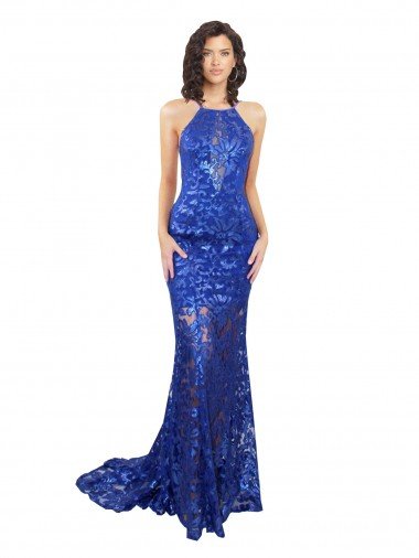 High Neck Long Open Back Lace Bridesmaid Dress / Prom Dress with Train Bristol