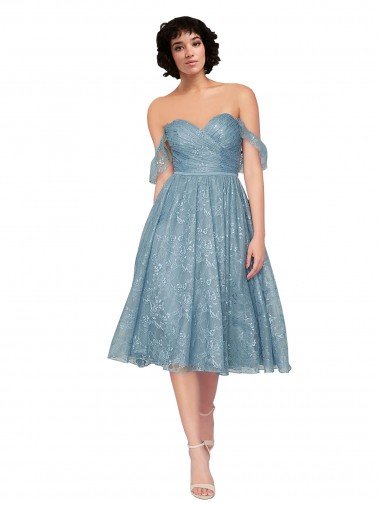Off the Shoulder Sweetheart Chantilly Lace Midi Length Cocktail Bridesmaid Dress Bristol