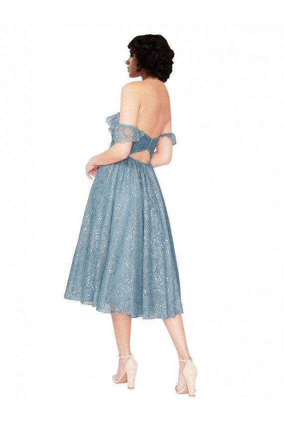 Off the Shoulder Sweetheart Chantilly Lace Midi Length Cocktail Bridesmaid Dress Bristol