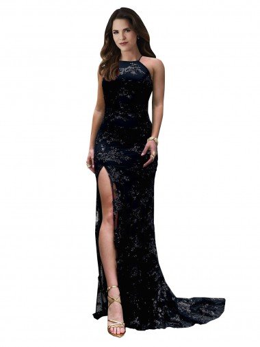 Formal High Neckline Lace Open Back Bridesmaid Dress / Prom Dress with High Slit Bristol