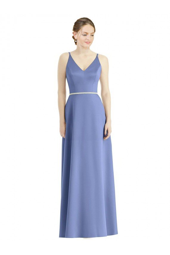 Long Floor Length V-Neck Satin Bridesmaid Dress with Spaghetti Straps Bristol