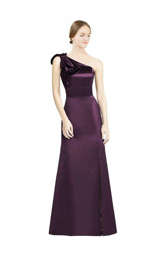Full Length One Shoulder Satin Bridesmaid Dress with Bow Shoulder Detail Bristol