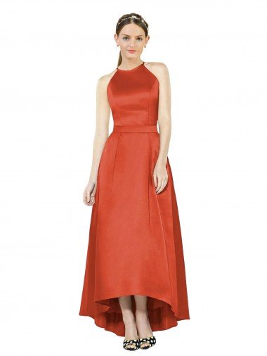 Full Length Halter Satin Bridesmaid Dress with Hi-Low Hem Detail Bristol