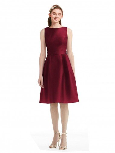 Short Midi Length Satin Cocktail Bridesmaid Dress with Bateau Neckline and V-Back Bristol