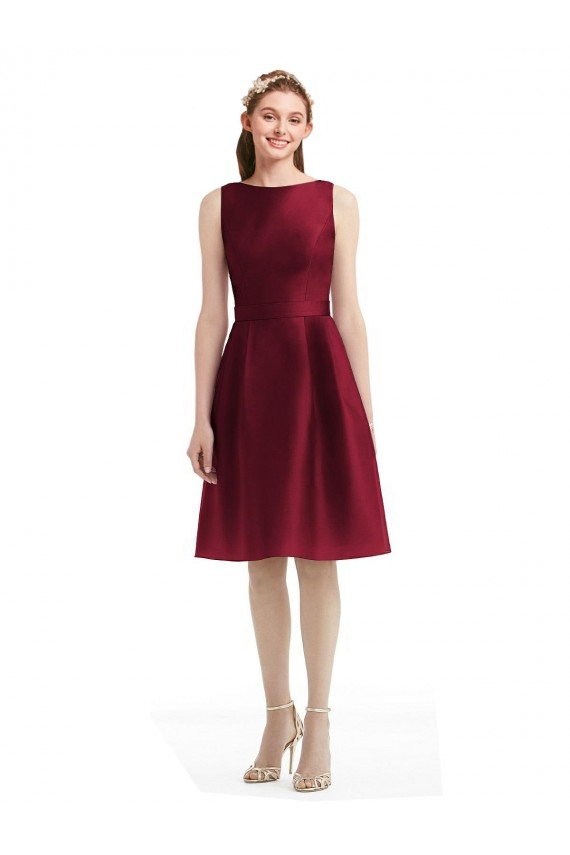 Short Midi Length Satin Cocktail Bridesmaid Dress with Bateau Neckline and V-Back Bristol