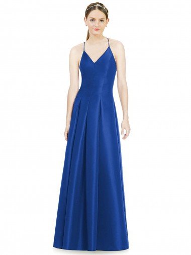 Full Pleated V-Neck Long Satin Bridesmaid Dress with Criss Cross Open Back Bristol