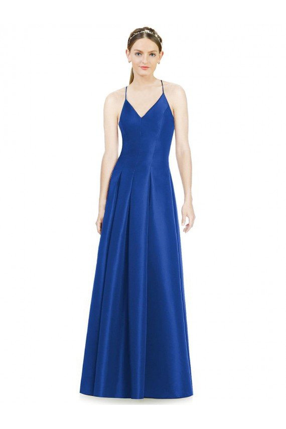 Full Pleated V-Neck Long Satin Bridesmaid Dress with Criss Cross Open Back Bristol