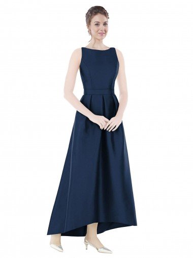 Full Length Sleeveless Long Satin Bridesmaid Dress with High Low Hem Detail Bristol