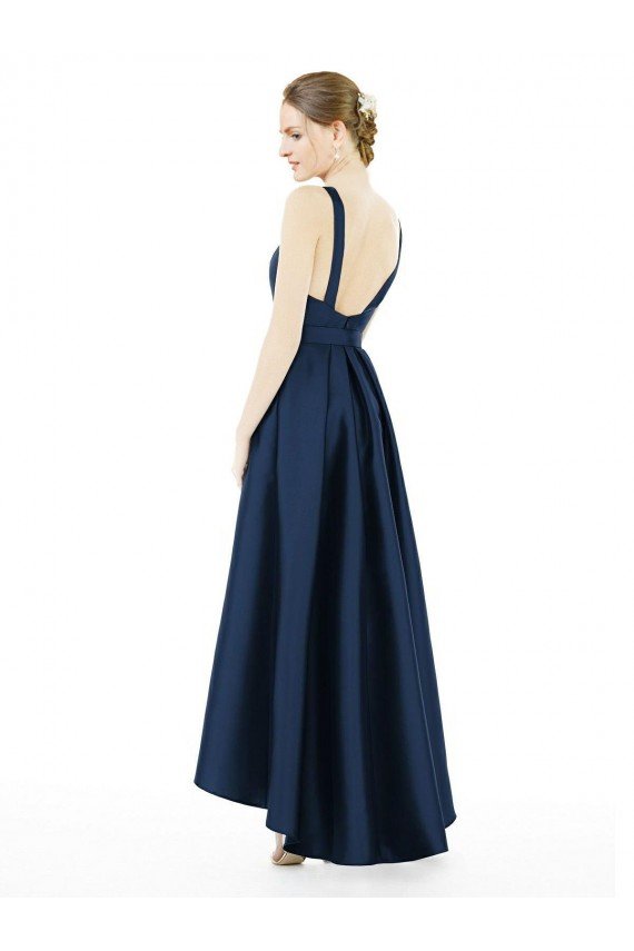Full Length Sleeveless Long Satin Bridesmaid Dress with High Low Hem Detail Bristol