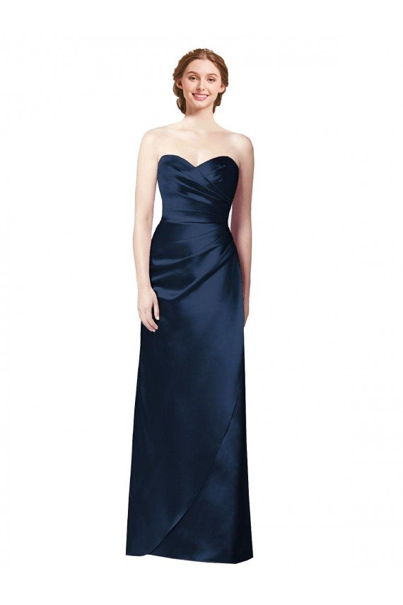 Faux Wrap A-Line Long Satin Bridesmaid Dress with Draped Bodice Bristol