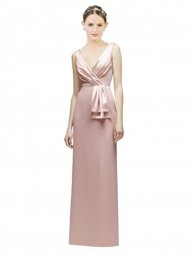Sleeveless V-Neck Long Satin Bridesmaid Dress with Draped Bodice and Tiered Bow Bristol