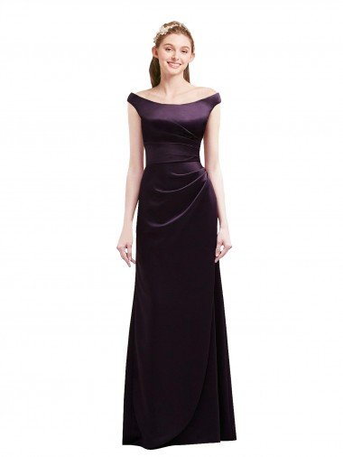 Off The Shoulder Long Satin Bridesmaid Dress with Asymmetrical Pleated Bodice Bristol