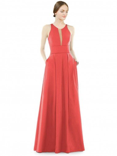 Sheer V-Neck Tulle Illusion Long Satin Bridesmaid Dress Bristol