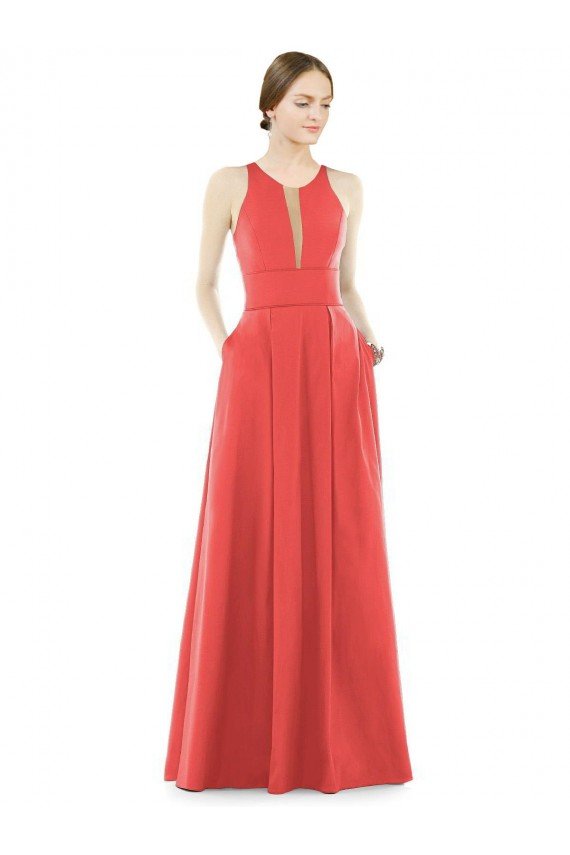 Sheer V-Neck Tulle Illusion Long Satin Bridesmaid Dress Bristol