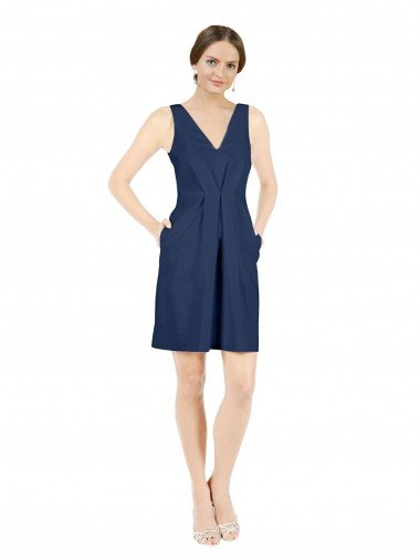 Deep V-Neck Short Knee Length Satin Cocktail Bridesmaid Dress with Slimming Pleats Bristol