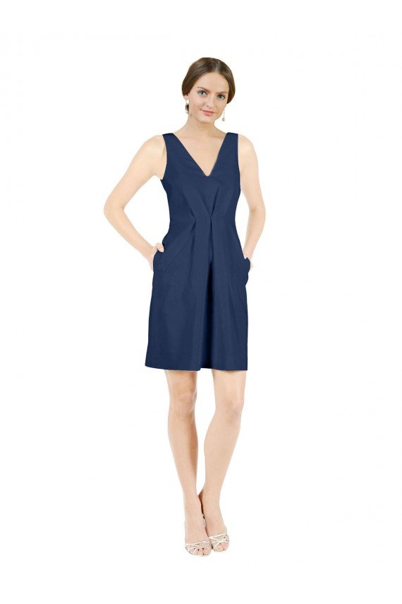 Deep V-Neck Short Knee Length Satin Cocktail Bridesmaid Dress with Slimming Pleats Bristol