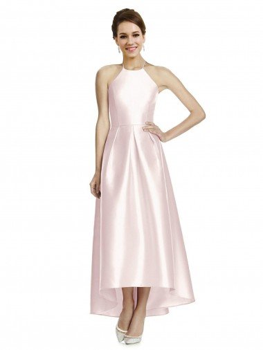 Long High-Low Halter Satin Bridesmaid Dress with Criss-Cross Back Bristol