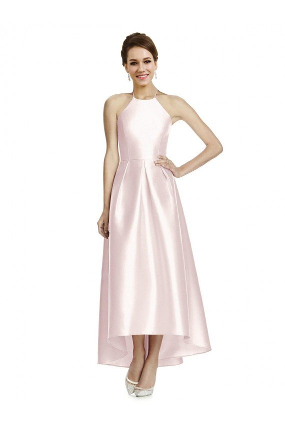 Long High-Low Halter Satin Bridesmaid Dress with Criss-Cross Back Bristol