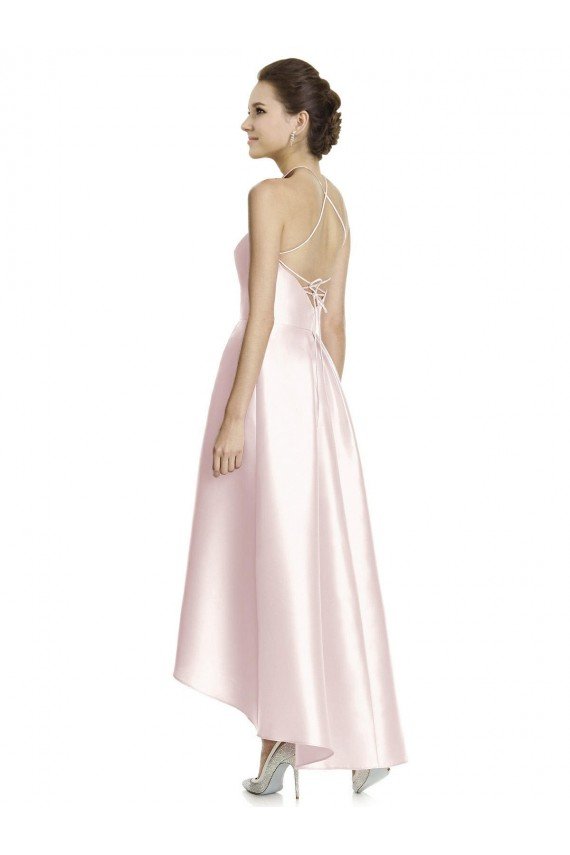 Long High-Low Halter Satin Bridesmaid Dress with Criss-Cross Back Bristol