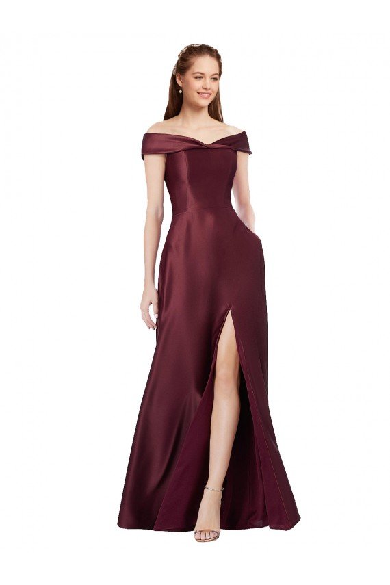Long Off the Shoulder Formal Satin Bridesmaid Dress / Prom Dress with Thigh-high Slit Bristol