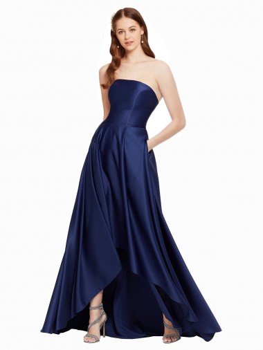 High Low Strapless Formal Satin Bridesmaid Dress / Prom Dress with Pockets Bristol