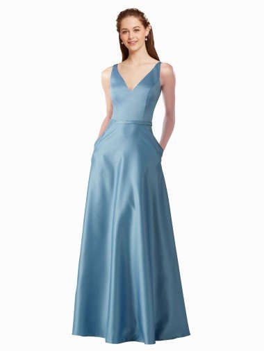 Classic Satin V-Neck A-Line Bridesmaids Dress with Pockets Bristol