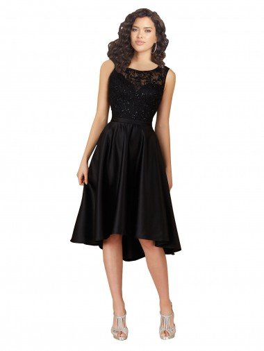 Short High Low Satin Cocktail Bridesmaid Dress with a Beaded and Embroidered Bodice Bristol