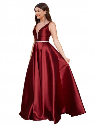 Sleeveless Deep V-Neck A-Line Formal Satin Bridesmaid Dress / Prom Dress with Pockets Bristol