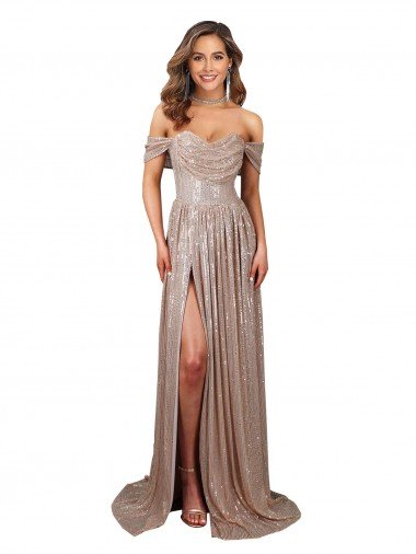 Strapless Scoop Neck Off the Shoulder Long Formal Sequin Bridesmaid Dress / Prom Dress with High Slit Bristol
