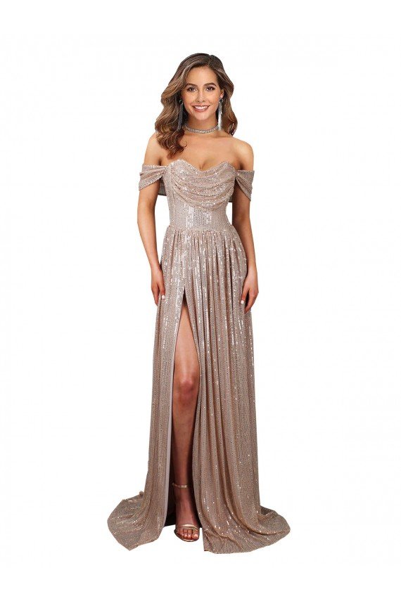 Strapless Scoop Neck Off the Shoulder Long Formal Sequin Bridesmaid Dress / Prom Dress with High Slit Bristol