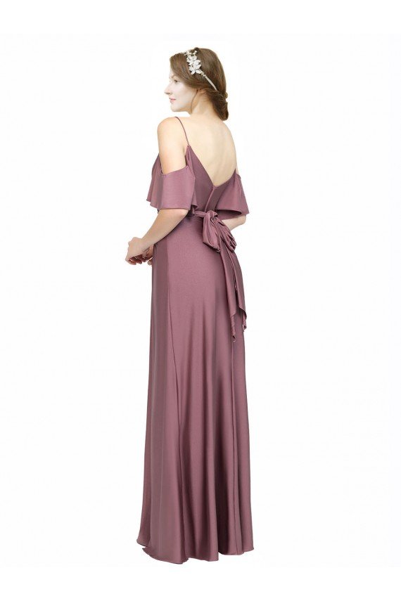Draped Cold Shoulder Sleeves Long Formal Silky Satin Bridesmaid Dress / Prom Dress with Slit and Tie Back Bristol