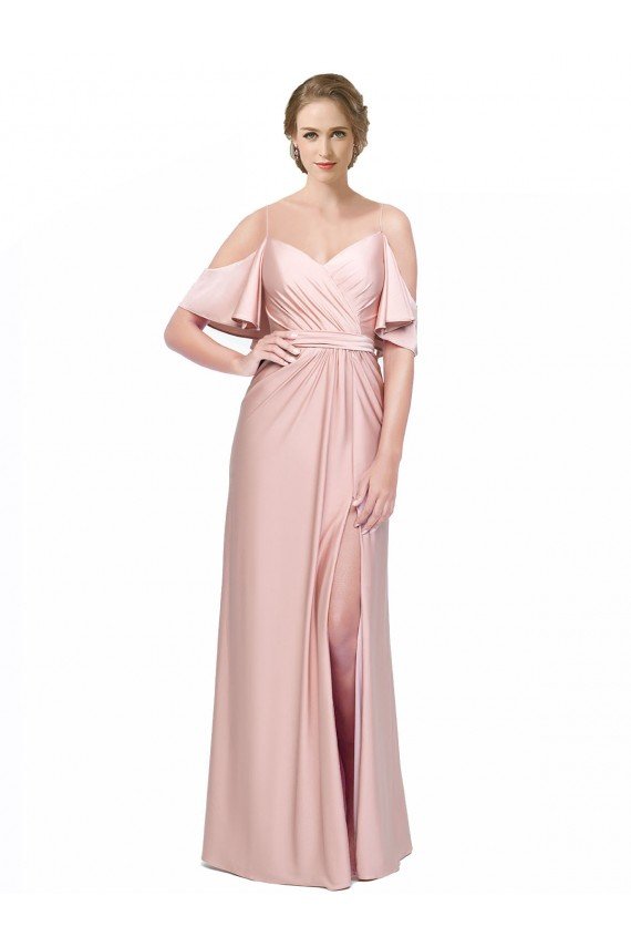 Draped Cold Shoulder Sleeves Long Formal Silky Satin Bridesmaid Dress / Prom Dress with Slit and Tie Back Bristol