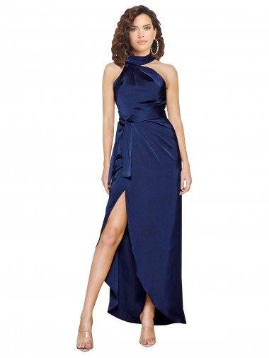 Full Length High Neck Wrap Formal Silky Satin Bridesmaid Dress / Prom Dress with Waist Tie Bristol