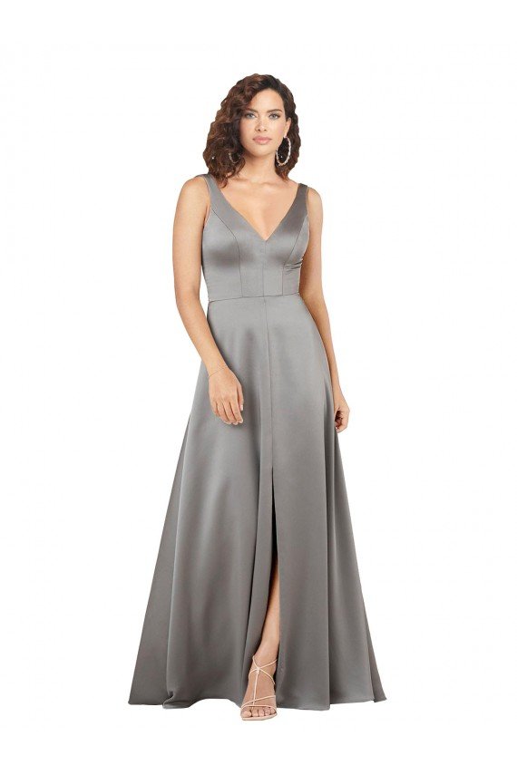 Plunging V-Neckline Long A-Line Formal Silky Satin Bridesmaid Dress / Prom Dress Bristol