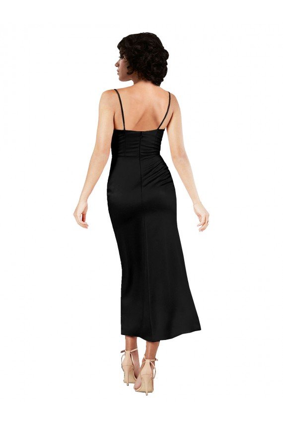 Cowl Neck Formal Tea-Length Short Silky Satin Bridesmaid Dress / Cocktail Prom Dress with Skirt Slit Bristol